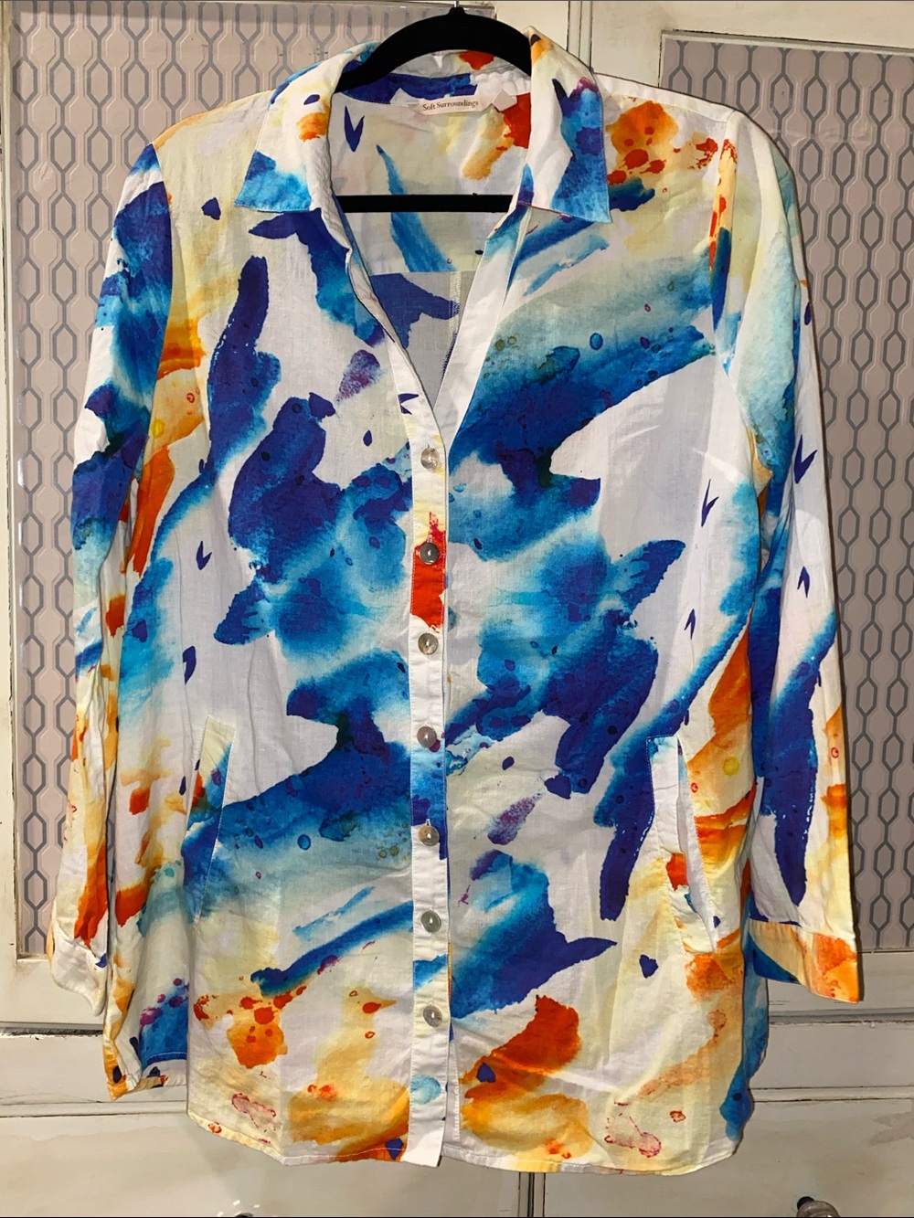 Soft Surroundings White Tunic with Blue & Orange Watercolor Print